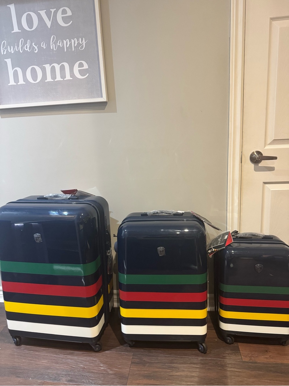 HBC Stripes x Heys Luggage Set - Navy with Green, Red, Yellow, White Stripes